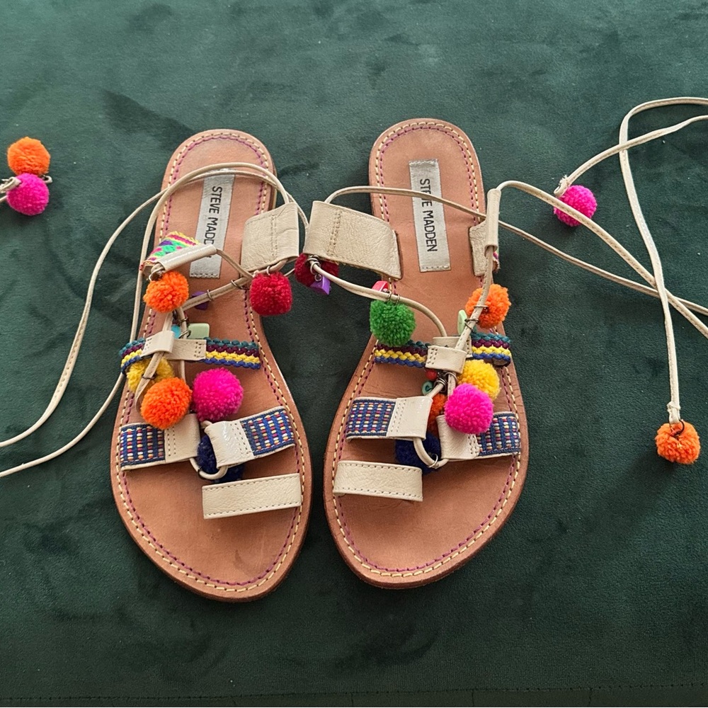 Steve Madden Women’s Beige Pom Pom Lace-Up Sandals